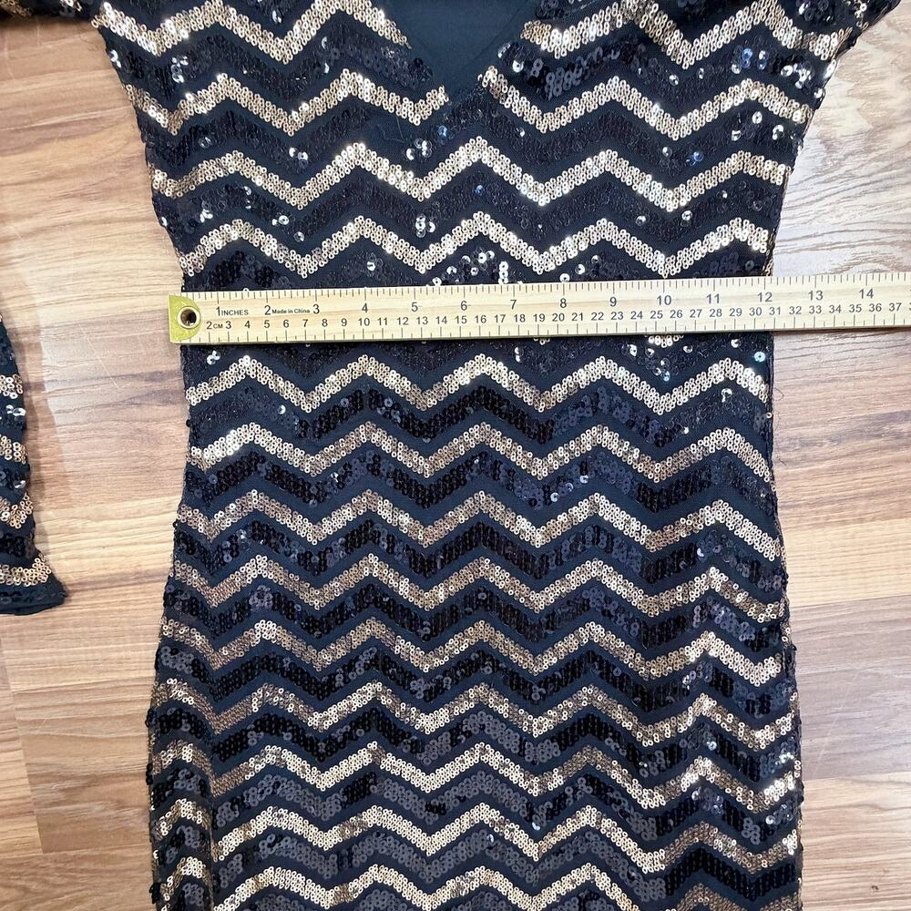 Sexy Black Gold Sequin Long Sleeve Dress 2 Party Holiday NYE Cocktail Coquette - Picture 6 of 8